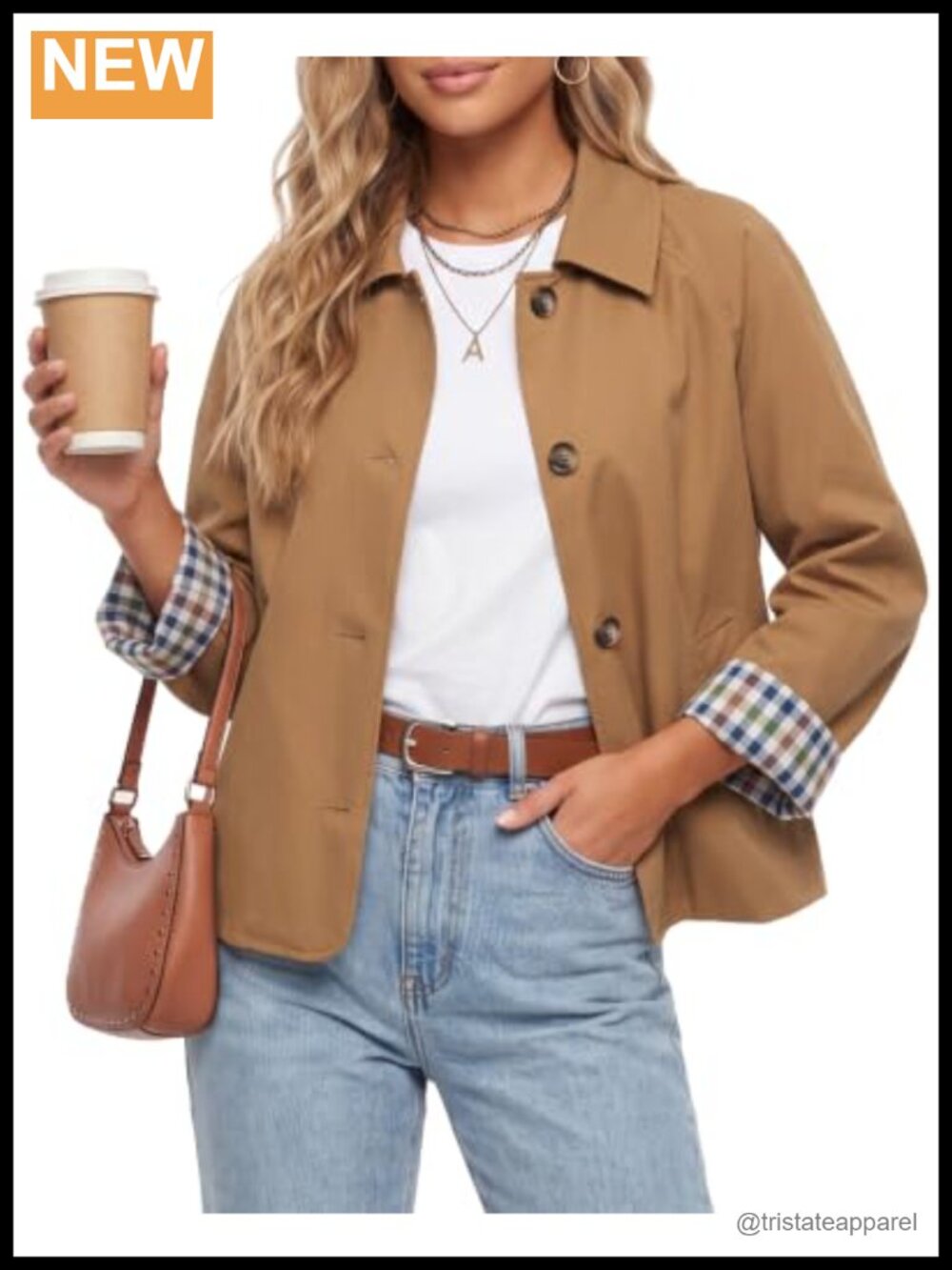 Cropped Trench Coat Plaid Lining Button Down Casual Jacket